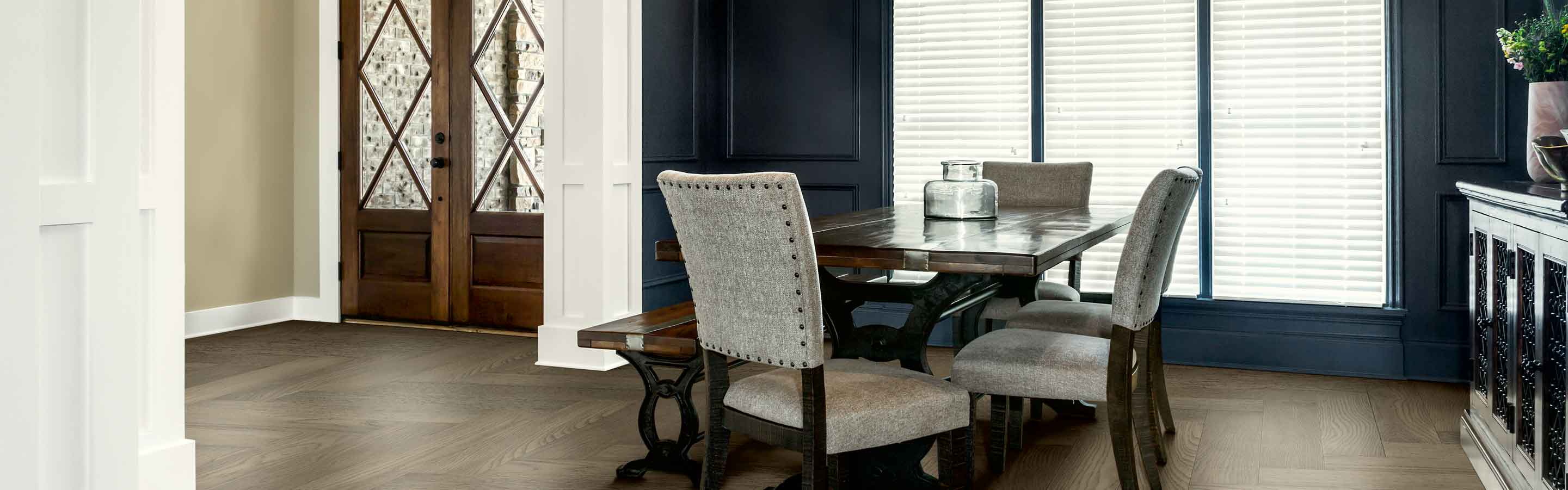 Hunter Douglas blinds in dining area. 